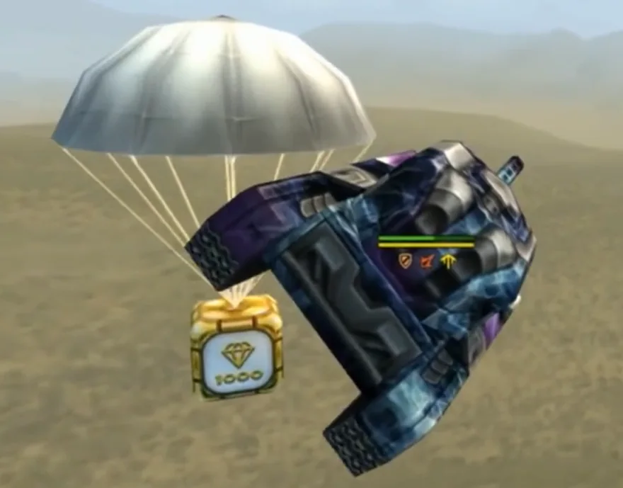 A Gold Box falling by parachute next to a tank